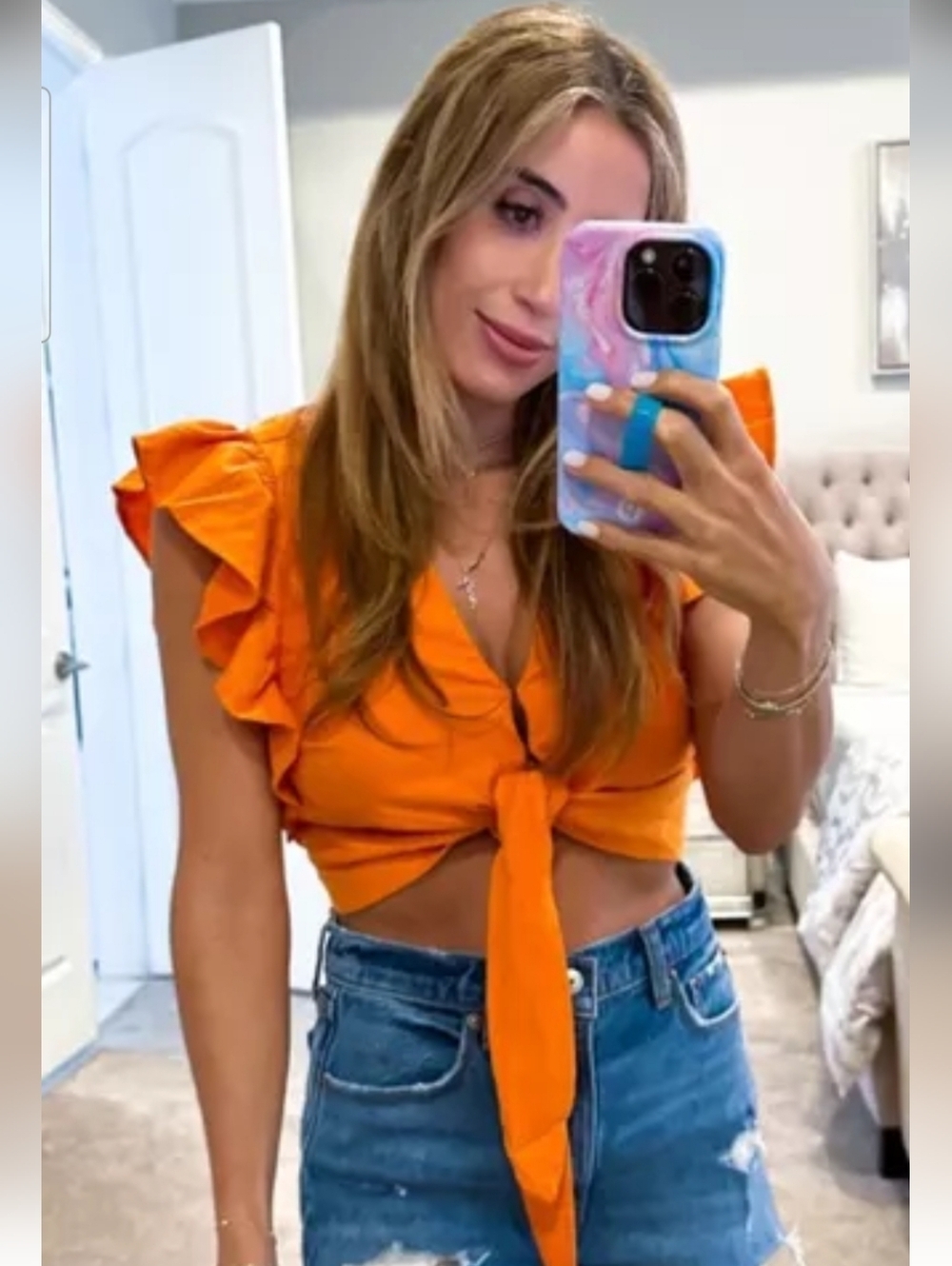 Abercrombie Orange Linen Tie Front Top Ruffle Sleeve Crop Euro Summer. XS - Picture 4 of 16